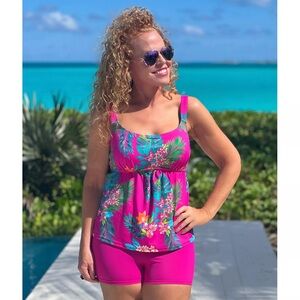 Tropical Pink Tankini Set with Short Bottoms